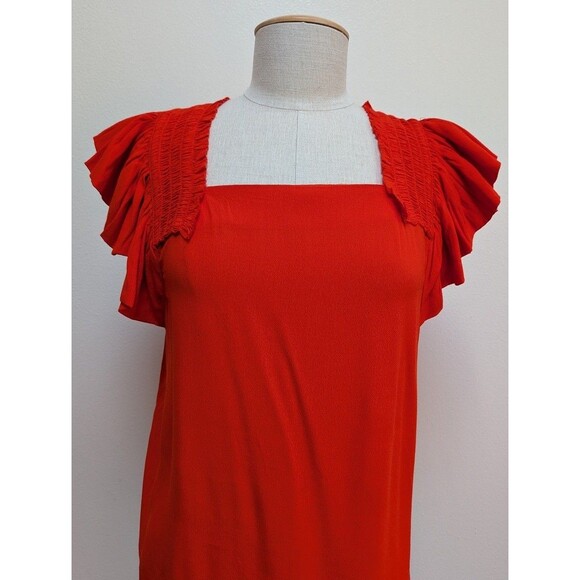 Anthropologie X Maeve Red Square Neck Ruffle Sleeve Blouse Top Size 4 - Picture 2 of 6